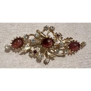 Vtg Goldtone Brooch Pin Purple Glass Cabochons Stones & Clear Rhinestones‎
